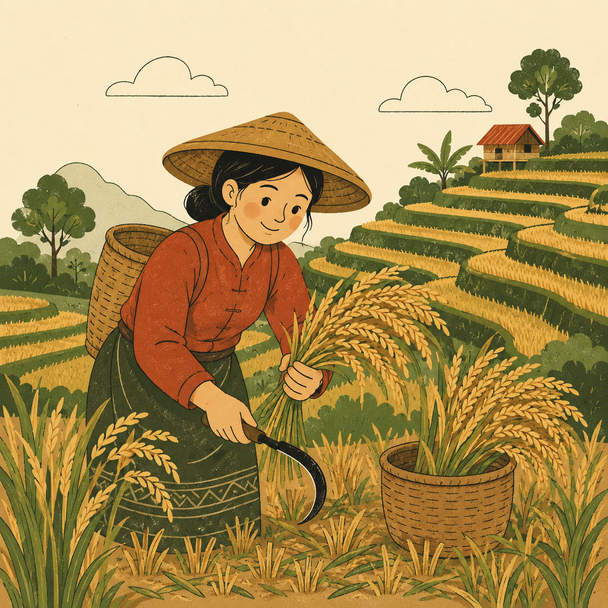 Illustration of a farmer harvesting golden rice