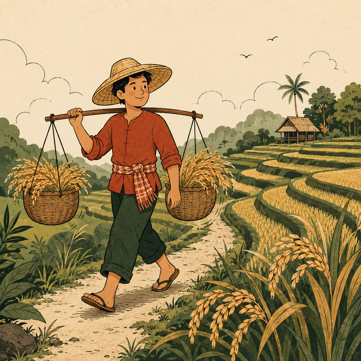 Illustration of a farmer carrying baskets of harvested rice